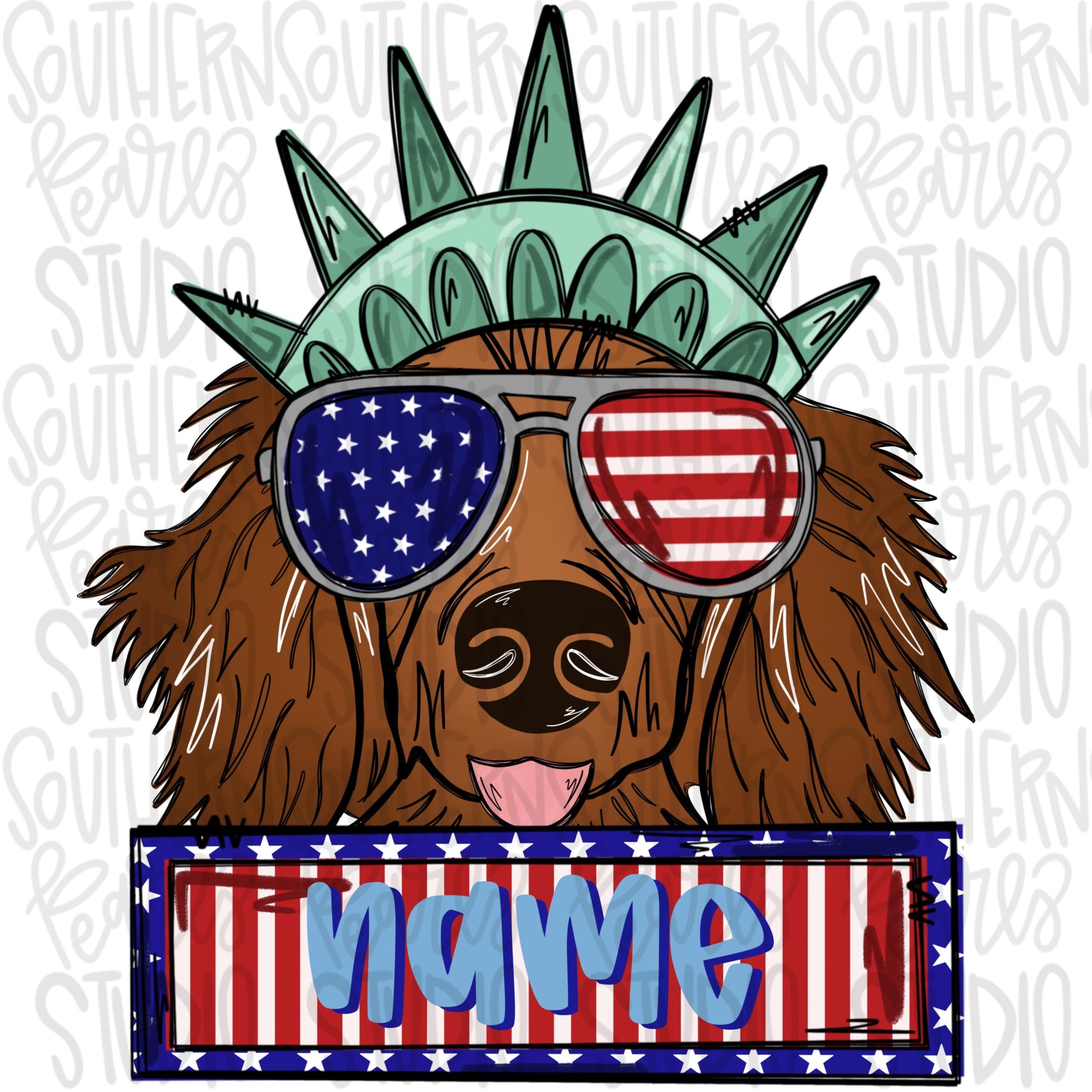 Statue of Liberty long hair dachshund wearing sunglasses and name patch | Patriotic | Sublimation Design | Digital Download | Kids | PNG