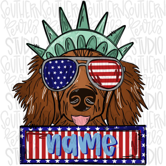 Statue of Liberty long hair dachshund wearing sunglasses and name patch | Patriotic | Sublimation Design | Digital Download | Kids | PNG