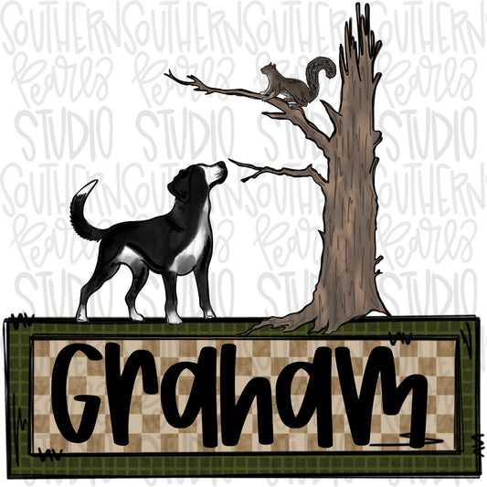 Feist treeing a squirrel with name plate | squirrel hunting | Sublimation Design | Digital Download | Women’s, Kids Shirt PNG