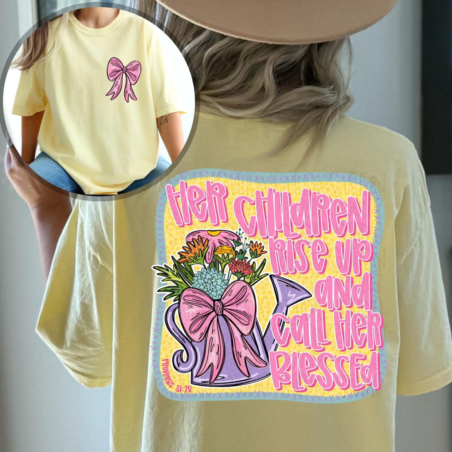 Her children rise up and call her blessed | flower pot watering can with bow | Sublimation Design | Digital Download | Women’s, Kids PNG