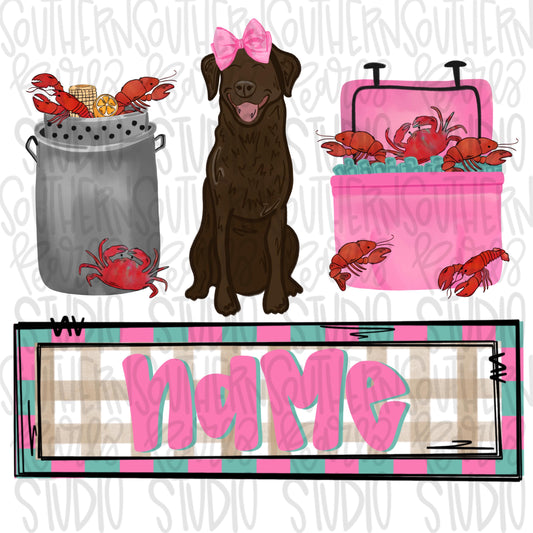Crawfish boil with brown lab trio | girl name patch | Crawfish Season | Sublimation Design | Digital Download | Women’s, Kids Shirt PNG