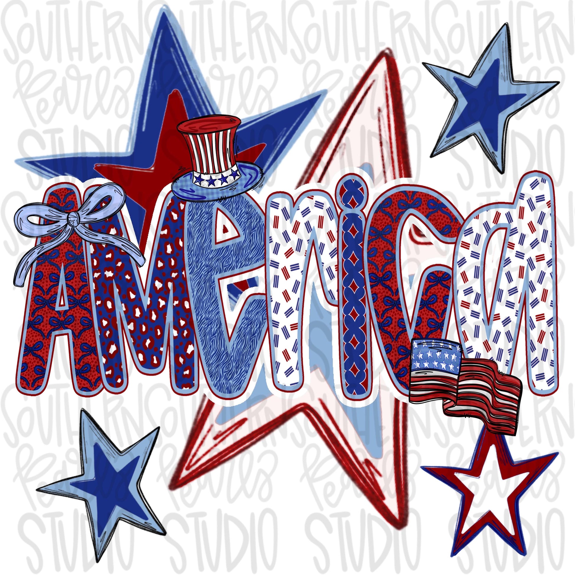 America lettering with stars, flags and bow | Freedom | Patriotic | Sublimation Design | Digital Download | Women’s, Kids PNG