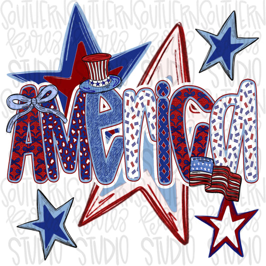 America lettering with stars, flags and bow | Freedom | Patriotic | Sublimation Design | Digital Download | Women’s, Kids PNG