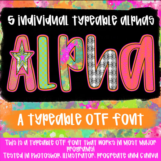 Neon Paint Splatter Alpha Set | 5 Typeable fonts| Typeable Font | Sublimation Design | Digital Download | Women’s, Kids Shirt PNG