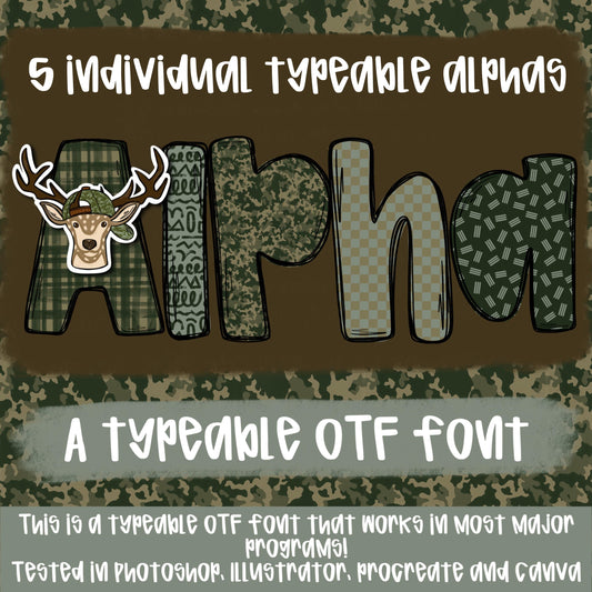 Camo Alpha Set | 5 Typeable fonts| Typeable Font | Sublimation Design | Digital Download | Women’s, Kids Shirt PNG