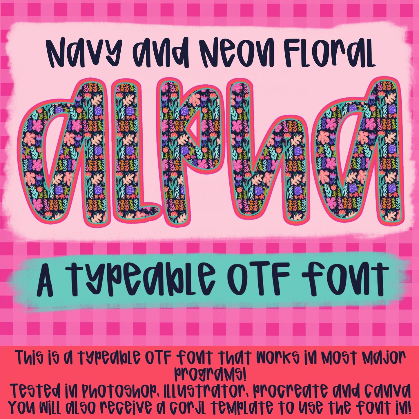 Navy and Neon Floral Alpha | Typeable Font | Sublimation Design | Digital Download | Women’s, Kids Shirt PNG