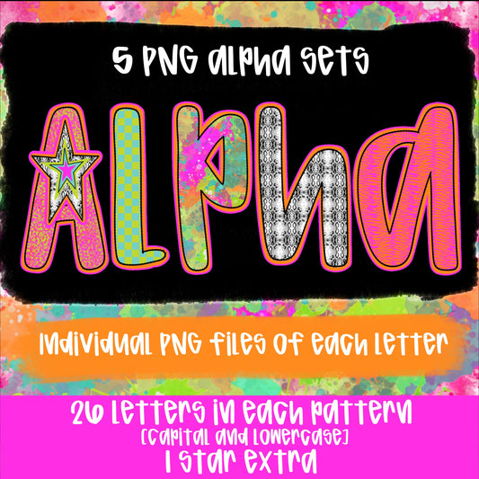 Neon Paint Splatter Alpha Set | 5 PNG fonts | Sublimation Design | Digital Download | Women’s, Kids Shirt PNG