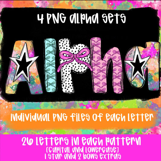 Paint Splatter and bow Alpha Set | 4 PNG fonts | Sublimation Design | Digital Download | Women’s, Kids Shirt PNG