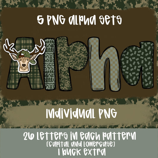 Camo Alpha Set | 5 PNG fonts | Sublimation Design | Digital Download | Women’s, Kids Shirt PNG