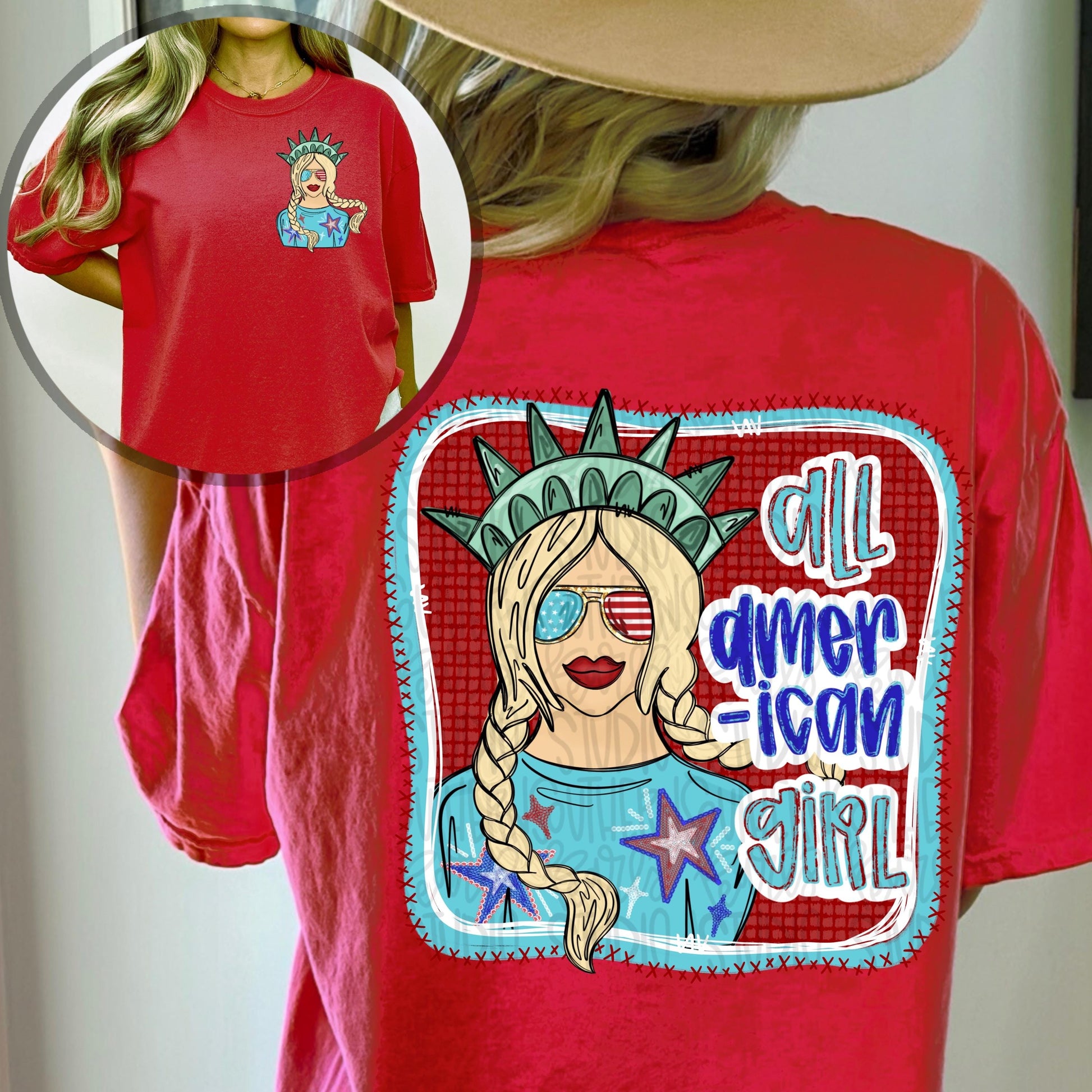 All American girl red head | Liberty | Freedom | Patriotic | Sublimation Design | Digital Download | Kids | PNG | 2 designs | front & back