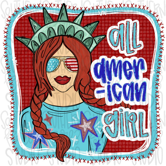 All American girl red head | Liberty | Freedom | Patriotic | Sublimation Design | Digital Download | Kids | PNG | 2 designs | front & back