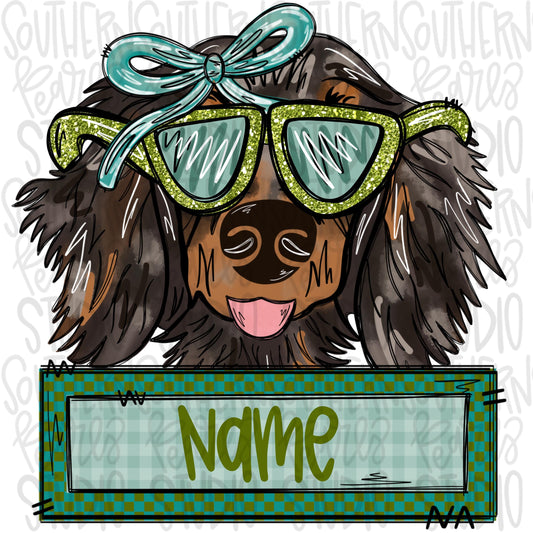 Dachshund wearing sunglasses and bow with name patch girl | Sublimation Design | Digital Download | Women’s, Kids Shirt PNG