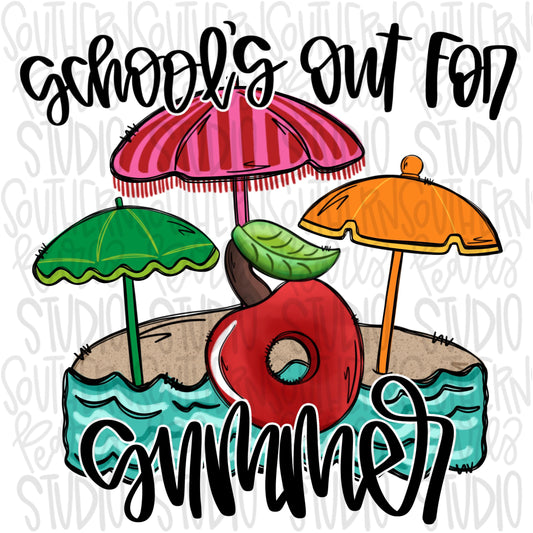 School’s out for summer | teacher | pool float and umbrellas on beach | Sublimation Design | Digital Download | Women’s, Kids Shirt PNG