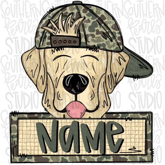 Yellow lab wearing camo hat with name patch | Sublimation Design | Digital Download | Women’s, Kids Shirt PNG