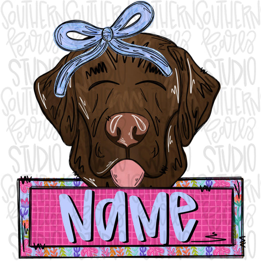 Chocolate lab wearing a bow with name patch | Sublimation Design | Digital Download | Women’s, Kids Shirt PNG