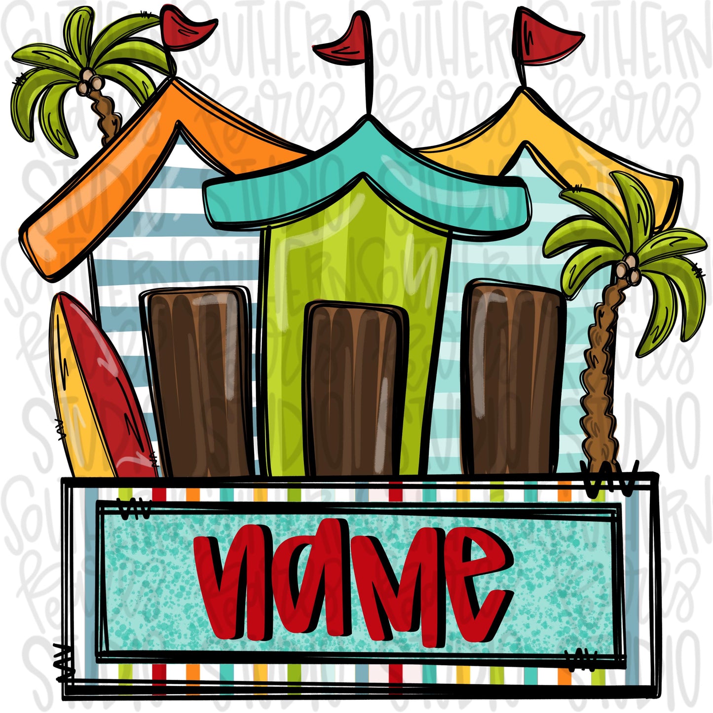 Beach hut trio with name patch boy | Sublimation Design | Digital Download | Women’s, Kids Shirt PNG