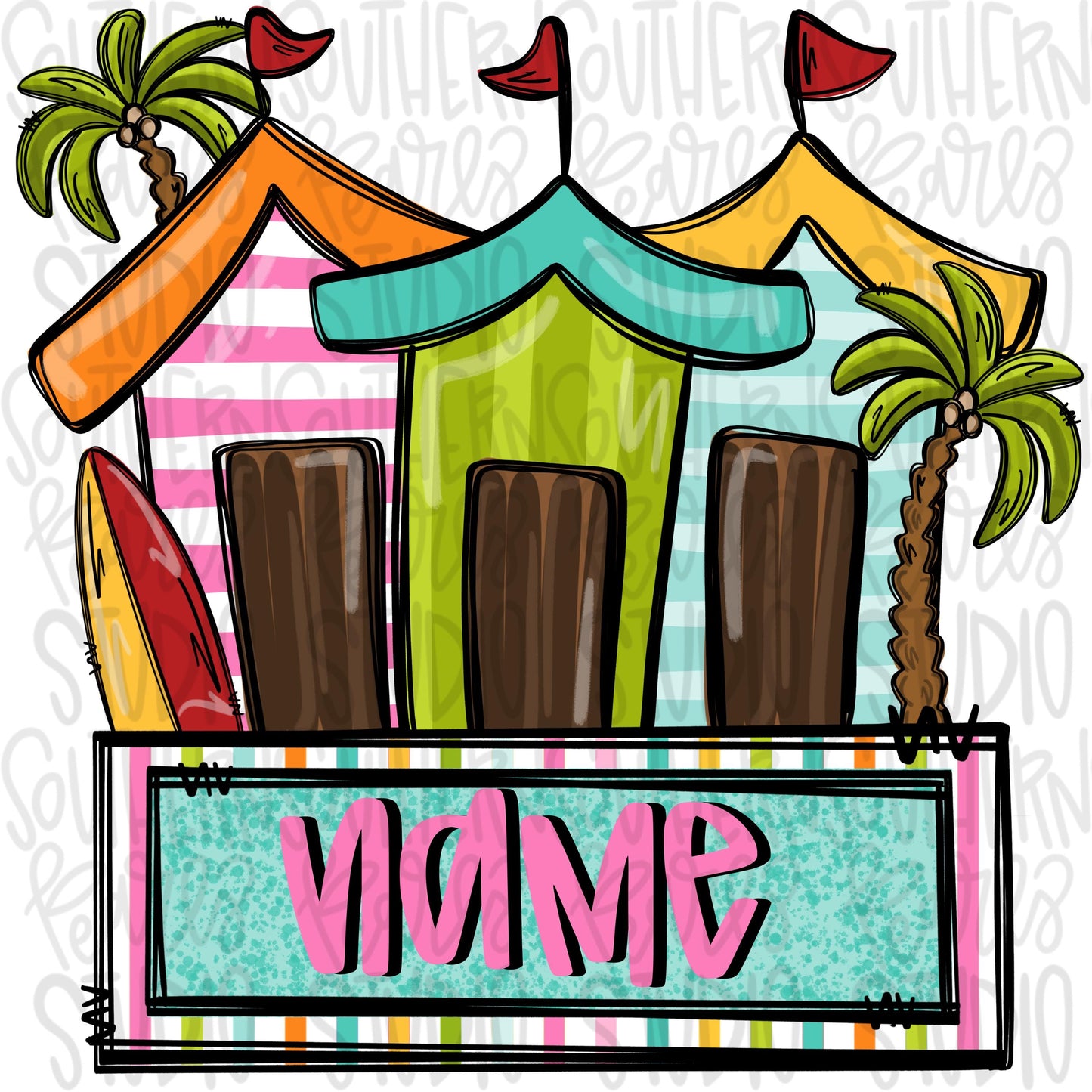Beach hut trio with name patch girl | Sublimation Design | Digital Download | Women’s, Kids Shirt PNG
