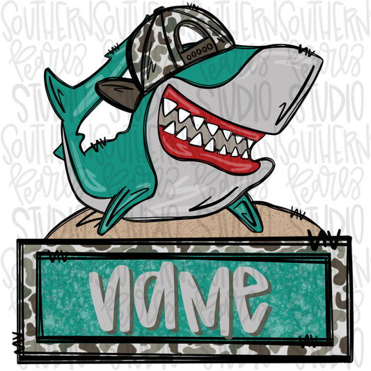 Shark with camo backwards hat and name patch boy | Sublimation Design | Digital Download | Women’s, Kids Shirt PNG