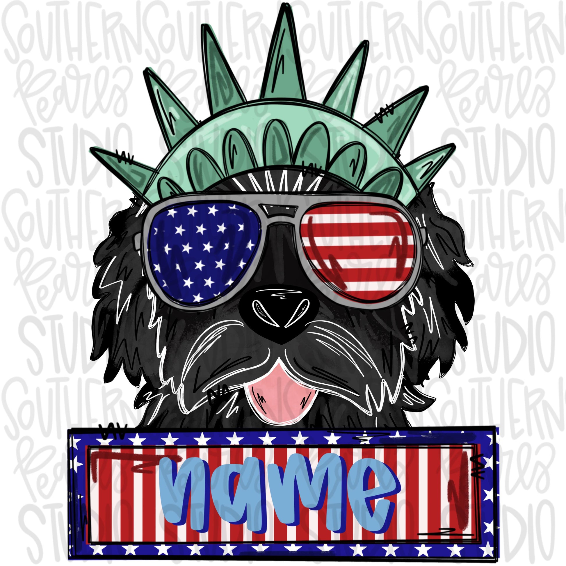 Statue of Liberty black Goldendoodle wearing sunglasses and name patch | Patriotic | Sublimation Design | Digital Download | Kids | PNG