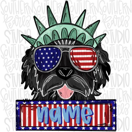 Statue of Liberty black Goldendoodle wearing sunglasses and name patch | Patriotic | Sublimation Design | Digital Download | Kids | PNG
