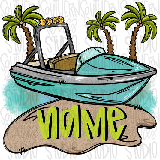 Ski Boat on the water with sand name patch | Palm trees | beach | Sublimation Design | Digital Download | Women’s, Kids Shirt PNG