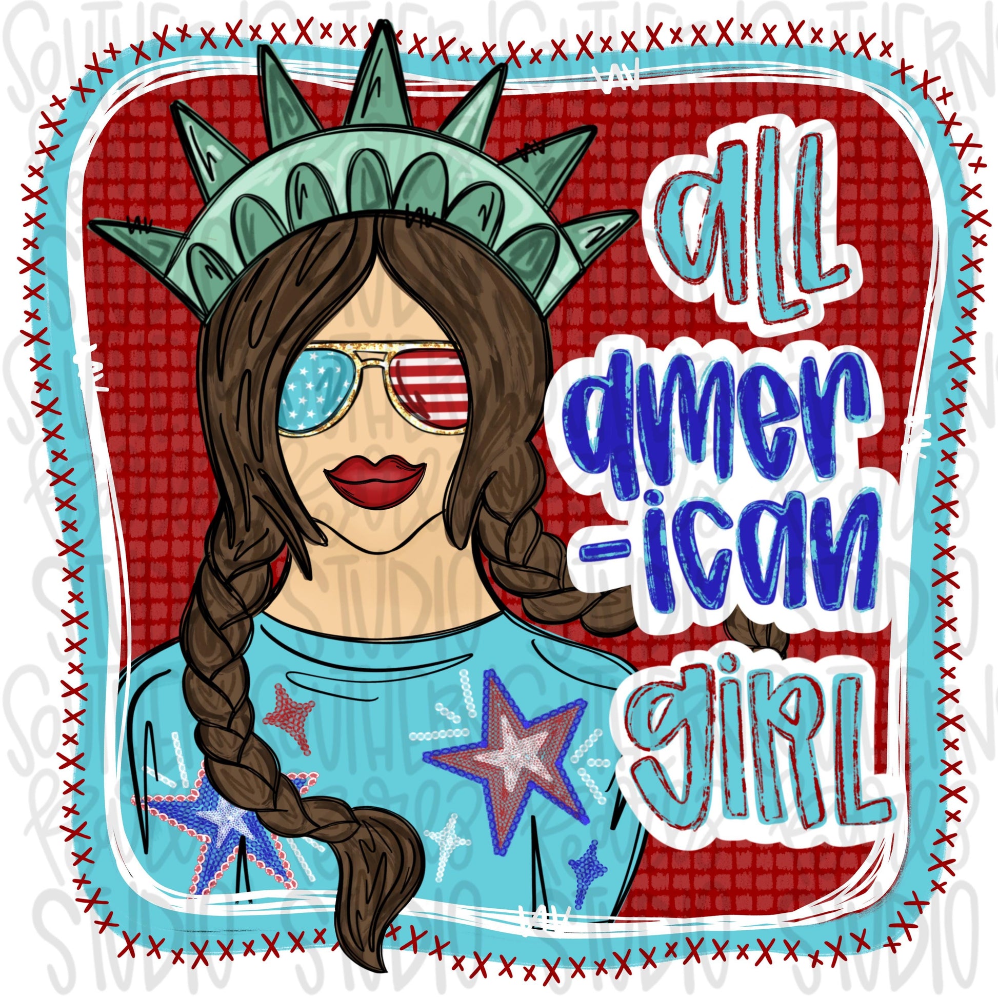 All American girl brunette | Liberty | Freedom | Patriotic | Sublimation Design | Digital Download | Kids | PNG | 2 designs | front & back