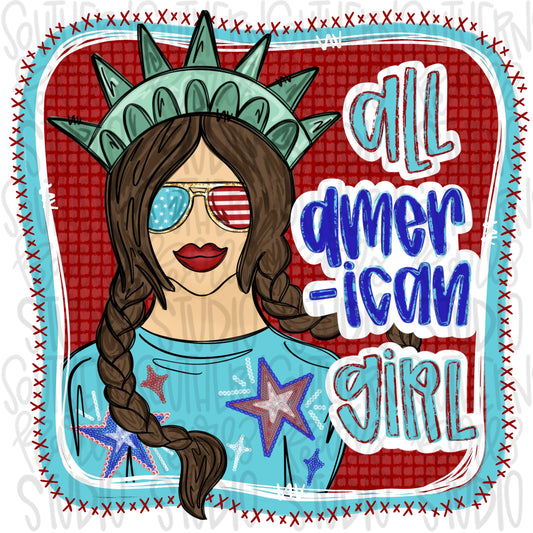 All American girl brunette | Liberty | Freedom | Patriotic | Sublimation Design | Digital Download | Kids | PNG | 2 designs | front & back