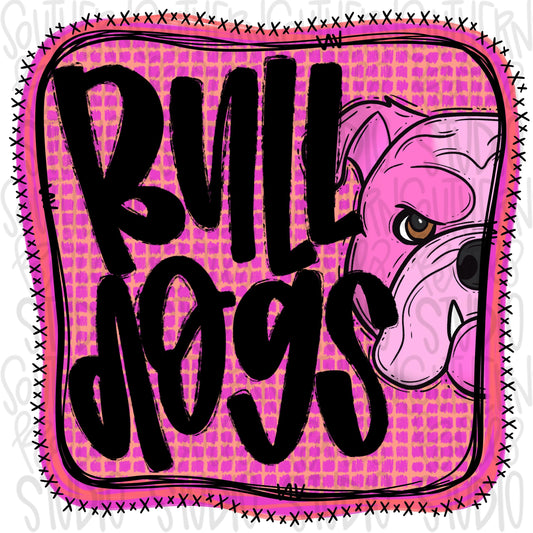Bulldogs | Neon pink Mascot in frame | front and back designs | Sublimation Design | Digital Download | Women’s, Kids Shirt PNG