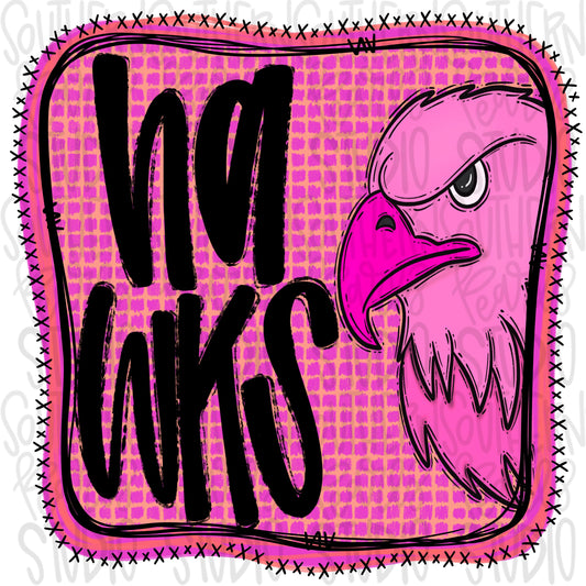 Hawks | Neon pink Mascot in frame | front and back designs | Sublimation Design | Digital Download | Women’s, Kids Shirt PNG
