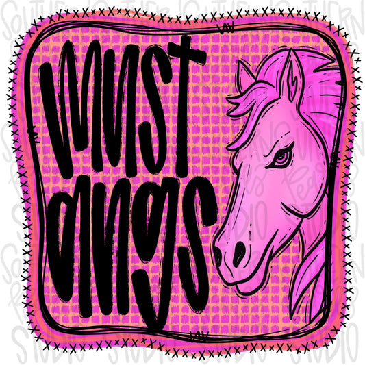 Mustangs | Neon pink Mascot in frame | front and back designs | Sublimation Design | Digital Download | Women’s, Kids Shirt PNG