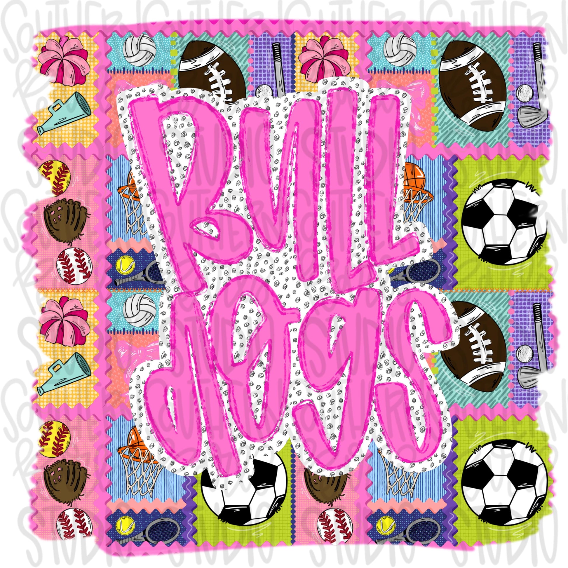 Bulldogs | Mascot in frame | sports stamp collage | football, basketball, baseball, soccer, volleyball, tennis, cheer, golf | PNG download