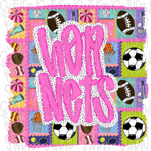 Hornets | Mascot in frame | sports stamp collage | football, basketball, baseball, soccer, volleyball, tennis, cheer, golf | PNG download