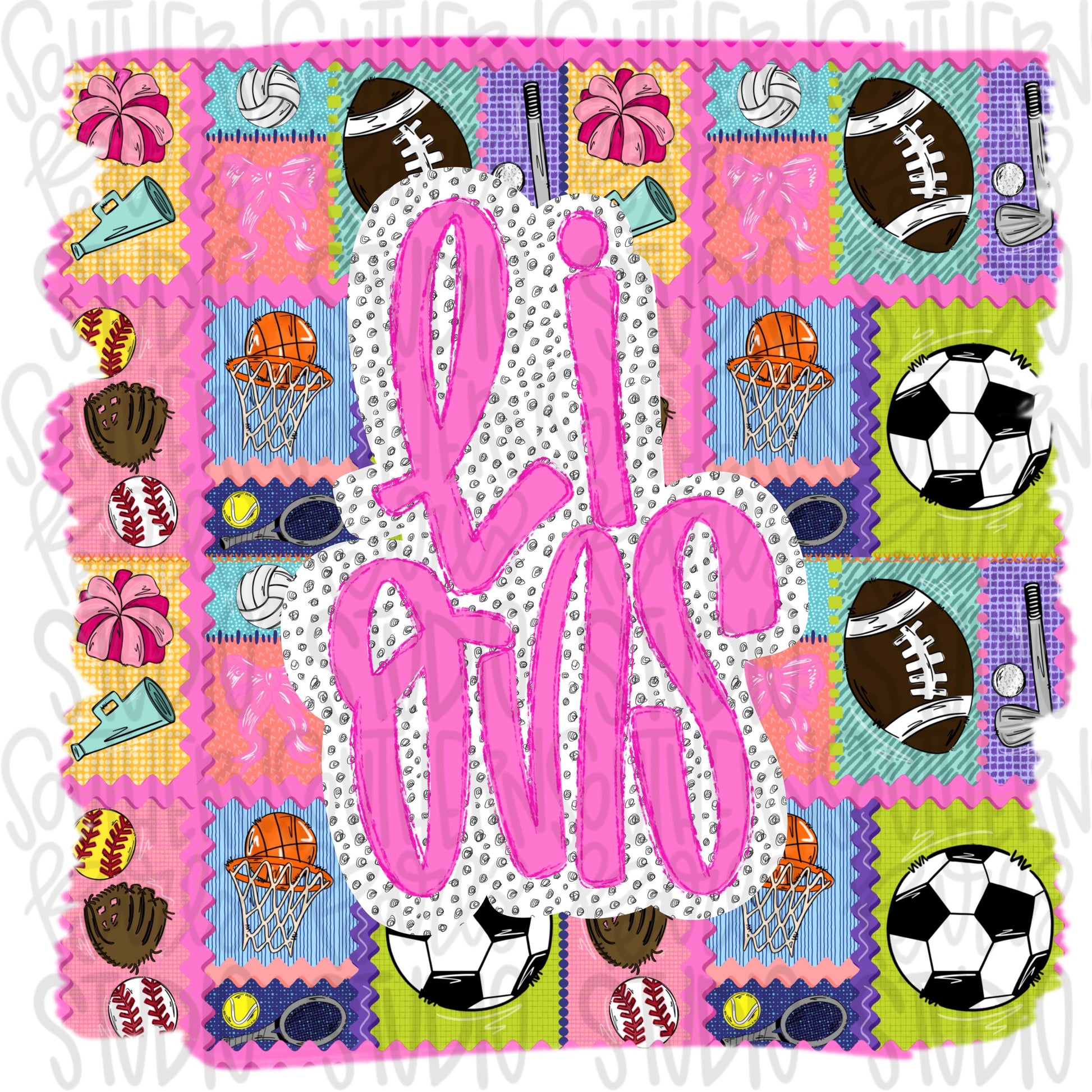 Lions | Mascot in frame | sports stamp collage | football, basketball, baseball, soccer, volleyball, tennis, cheer, golf | PNG download
