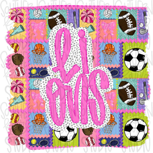 Lions | Mascot in frame | sports stamp collage | football, basketball, baseball, soccer, volleyball, tennis, cheer, golf | PNG download