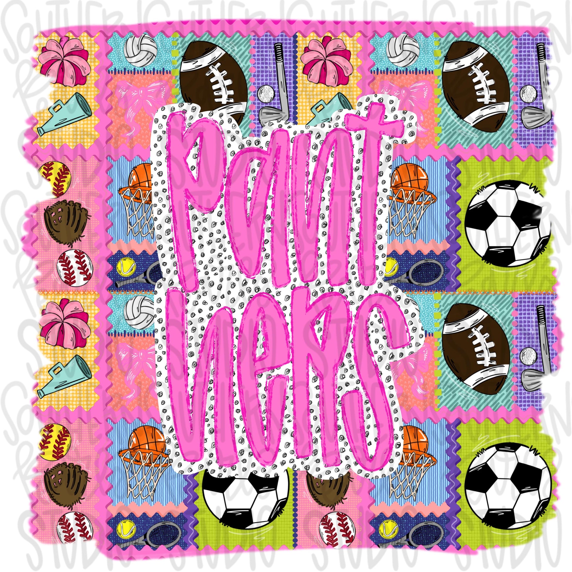 Panthers | Mascot in frame | sports stamp collage | football, basketball, baseball, soccer, volleyball, tennis, cheer, golf | PNG download