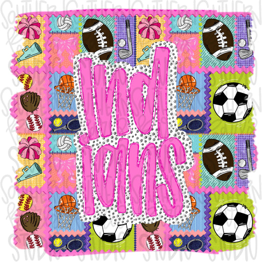 Indians | Mascot in frame | sports stamp collage | football, basketball, baseball, soccer, volleyball, tennis, cheer, golf | PNG download