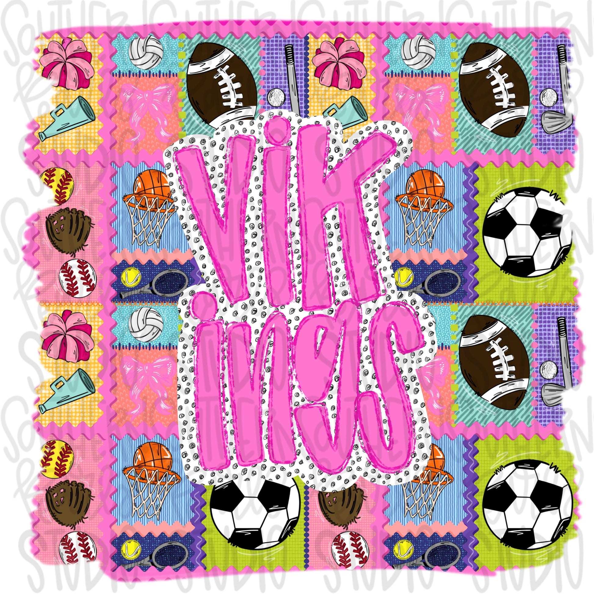 Vikings | Mascot in frame | sports stamp collage | football, basketball, baseball, soccer, volleyball, tennis, cheer, golf | PNG download