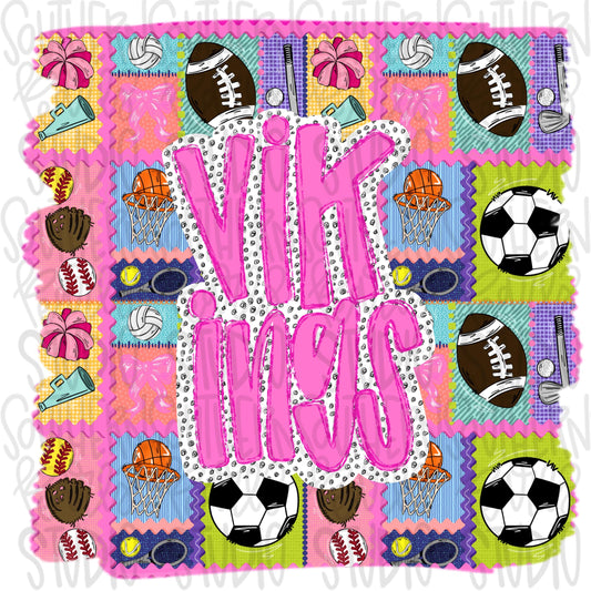Vikings | Mascot in frame | sports stamp collage | football, basketball, baseball, soccer, volleyball, tennis, cheer, golf | PNG download