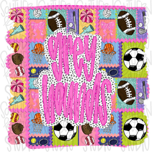 Greyhounds | Mascot in frame | sports stamp collage | football, basketball, baseball, soccer, volleyball, tennis, cheer, golf | PNG download