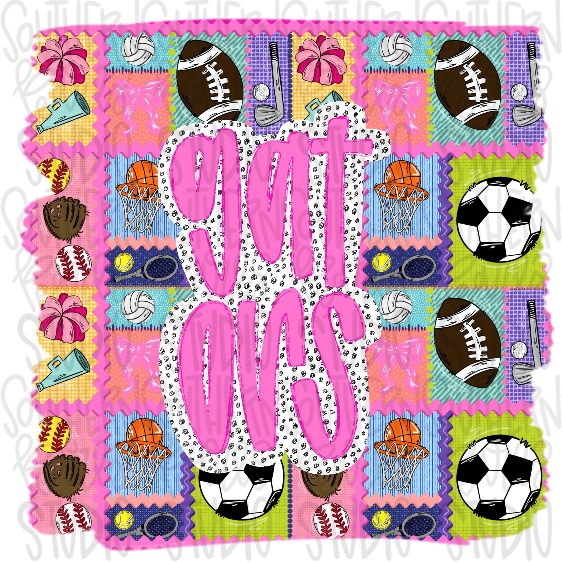 Gators | Mascot in frame | sports stamp collage | football, basketball, baseball, soccer, volleyball, tennis, cheer, golf | PNG download