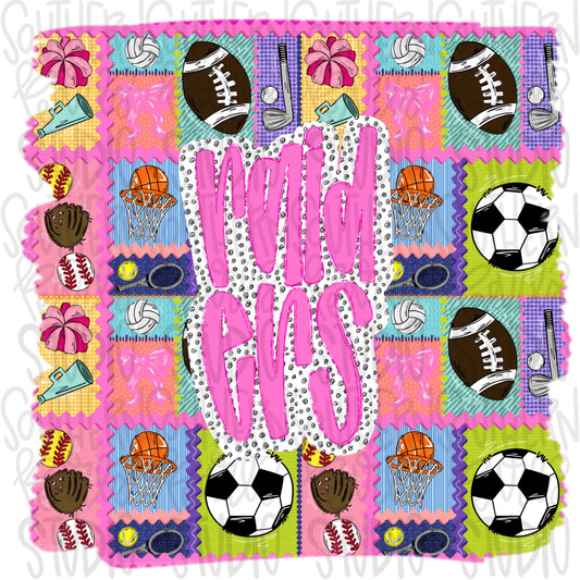 Raiders | Mascot in frame | sports stamp collage | football, basketball, baseball, soccer, volleyball, tennis, cheer, golf | PNG download