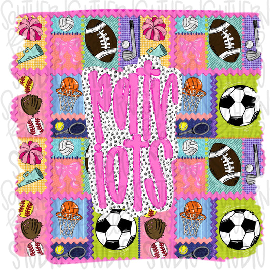 Patriots | Mascot in frame | sports stamp collage | football, basketball, baseball, soccer, volleyball, tennis, cheer, golf | PNG download