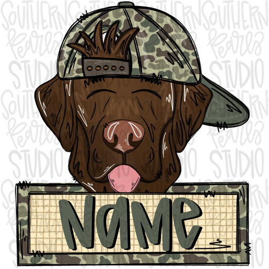 Chocolate lab wearing camo hat with name patch | Sublimation Design | Digital Download | Women’s, Kids Shirt PNG