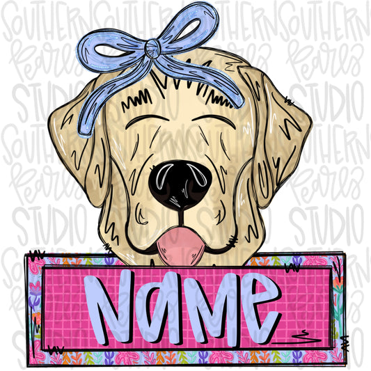 Yellow lab wearing a bow with name patch | Sublimation Design | Digital Download | Women’s, Kids Shirt PNG
