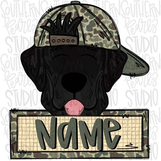 Black lab wearing camo hat with name patch | Sublimation Design | Digital Download | Women’s, Kids Shirt PNG