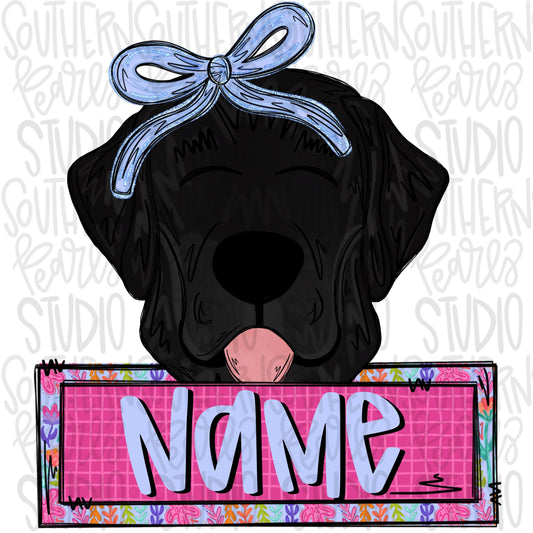 Black lab wearing a bow with name patch | Sublimation Design | Digital Download | Women’s, Kids Shirt PNG