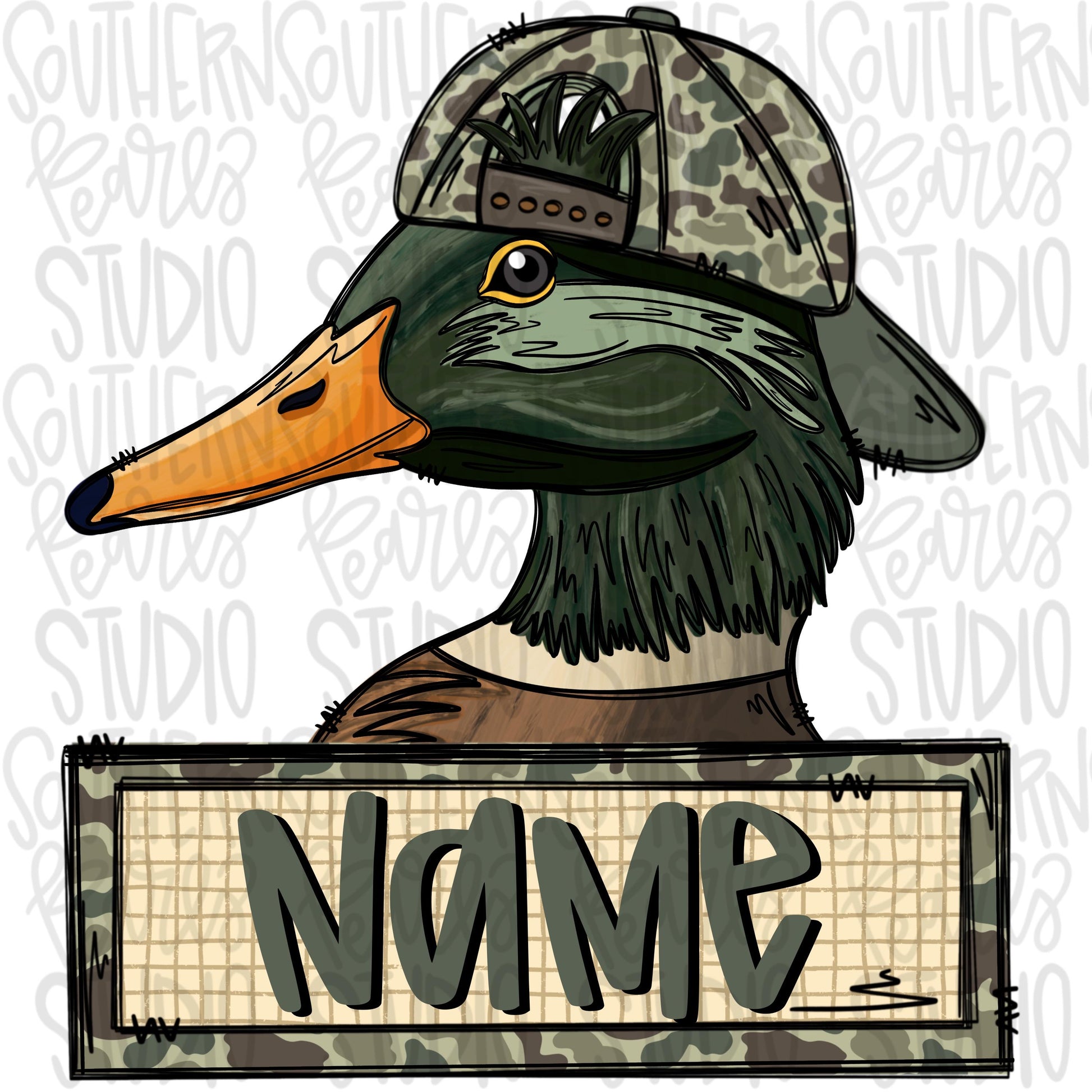 Mallard Duck wearing camo hat with name patch | Sublimation Design | Digital Download | Women’s, Kids Shirt PNG