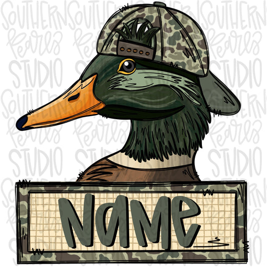 Mallard Duck wearing camo hat with name patch | Sublimation Design | Digital Download | Women’s, Kids Shirt PNG