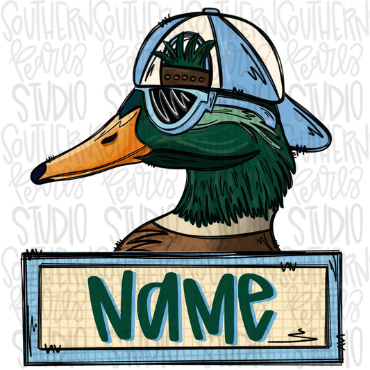 Mallard Duck wearing hat and glasses with name patch | Sublimation Design | Digital Download | Women’s, Kids Shirt PNG