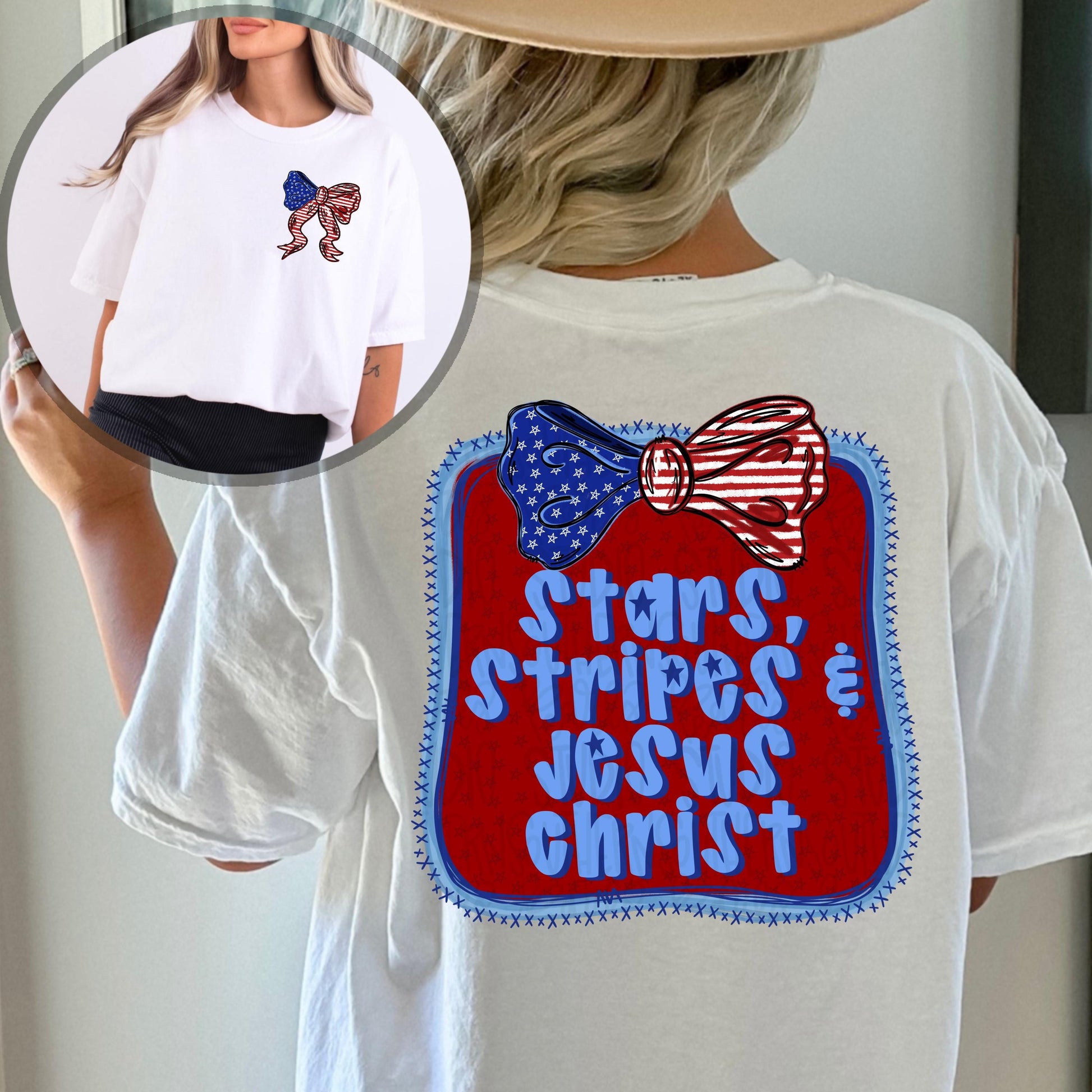 Stars, Stripes and Jesus Christ | frame with bow | front and back | Patriotic | Sublimation Design | Digital Download | Womens Kids PNG